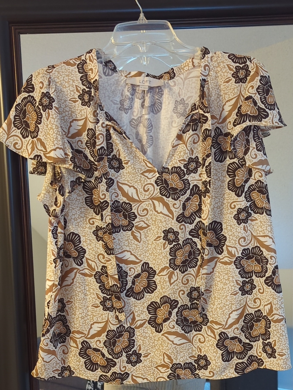 LOFT Cream and Brown Floral Ruffle V-Neck Blouse